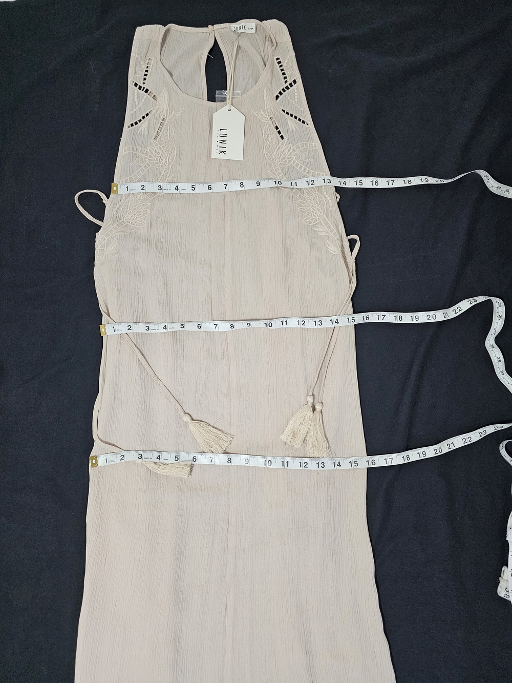 LUNIK Boho Embroidered High Low Maxi Dress Large Beige Blush Rayon Tassel Fiesta - Picture 7 of 7